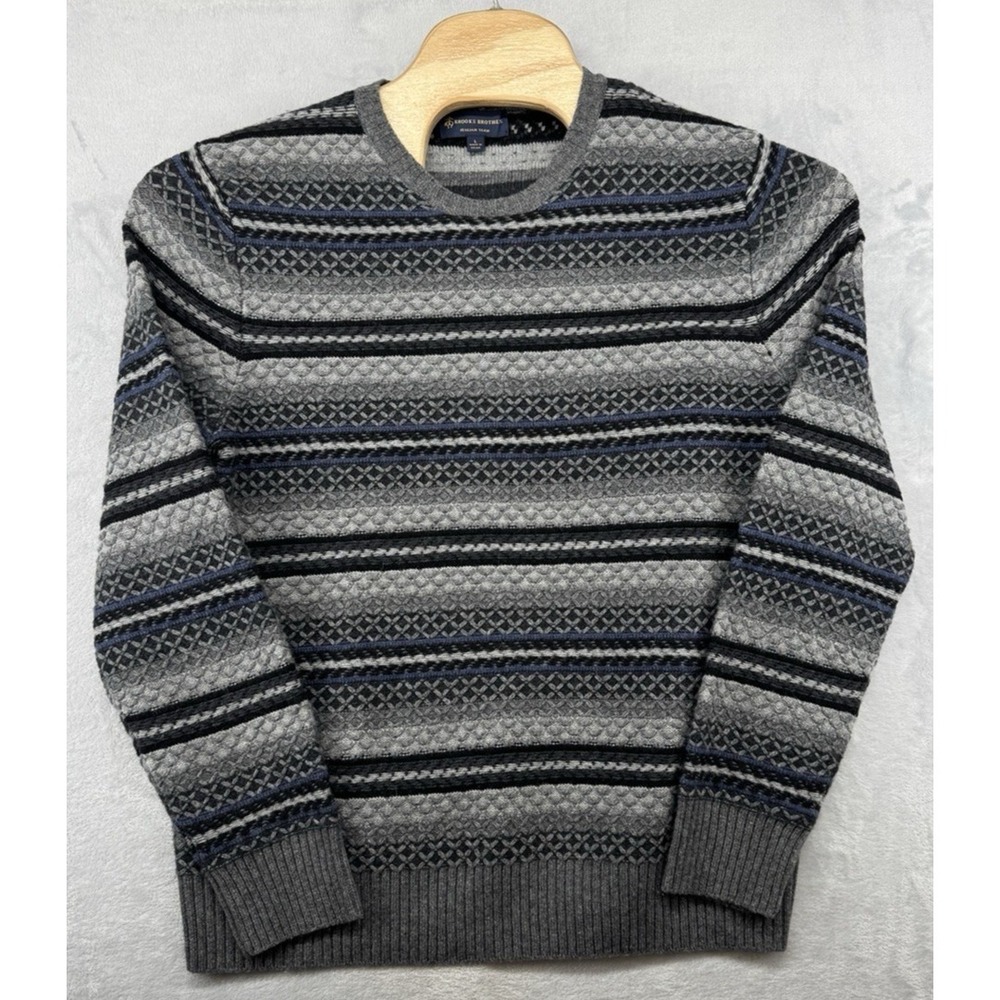 Brooks Brothers Sweater Italian Yarn Fair Isle Gray Wool Cardigan Men's Size‎ L